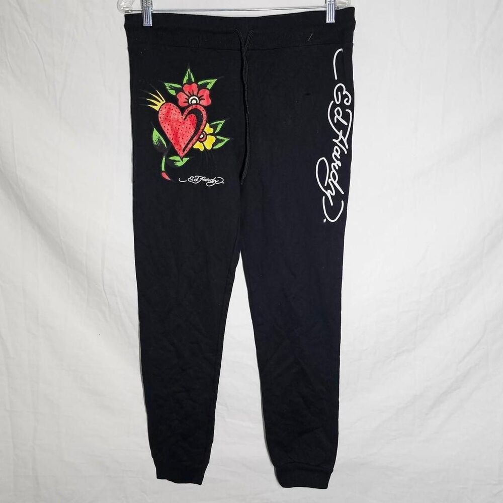 Ed Hardy Black Track Pants with Red Heart Design